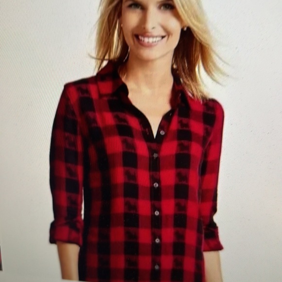 Talbots Red Buffalo Plaid Scottie Dogs Stretch Shirt Size 2X - Picture 1 of 16